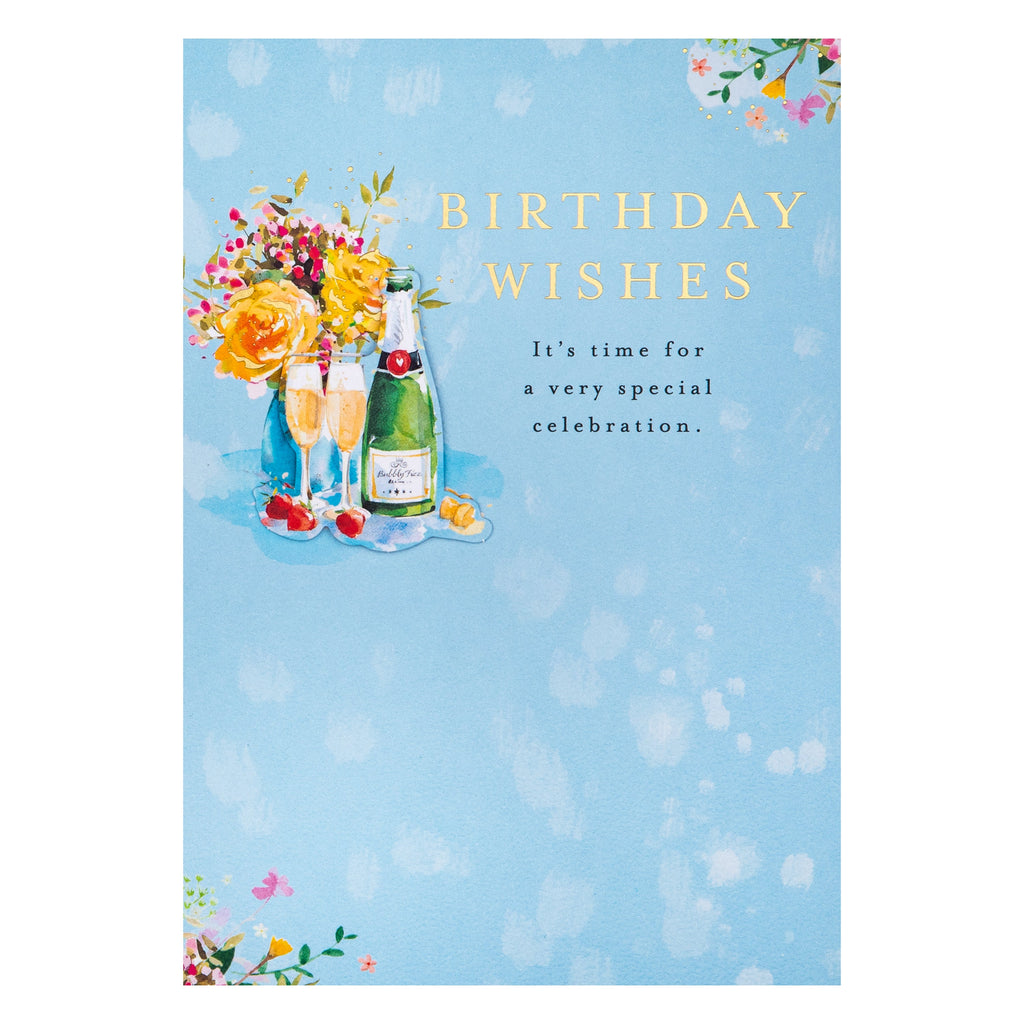 Birthday Card - Lucy Cromwell Champagne & Flowers Design