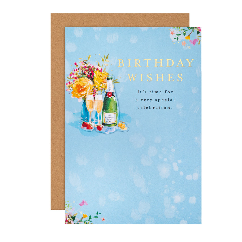 Birthday Card - Lucy Cromwell Champagne & Flowers Design