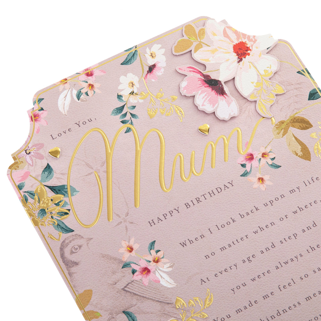 Birthday Card for Mum - Pink Traditional Floral Design with Heartfelt Verse