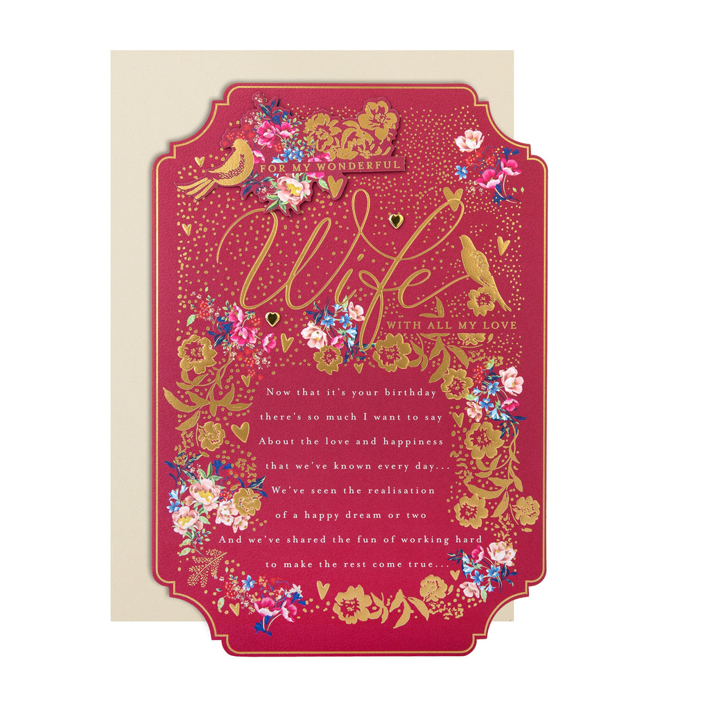 Birthday Card for Wife - Pink Traditional Floral Design with Heartfelt Verse