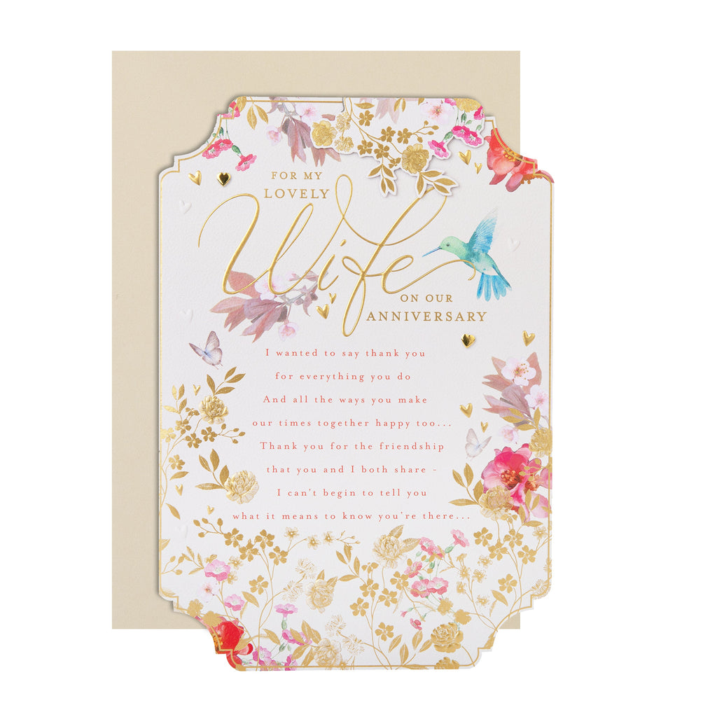 Anniversary Card for Wife - Pink Traditional Floral Design with Heartfelt Verse