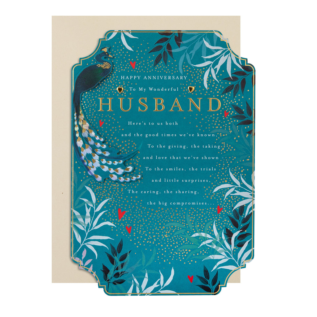 Anniversary Card for Husband - Green Traditional Floral Design with Heartfelt Verse