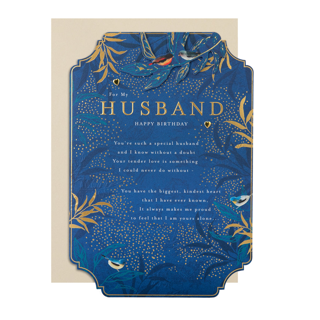 Birthday Card for Husband - Blue with Traditional Floral Design with Heartfelt Verse