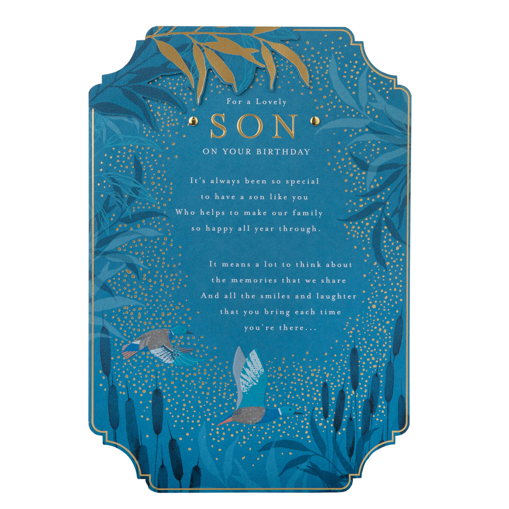 Birthday Card for Son - Blue Traditional Floral Design with Heartfelt Verse