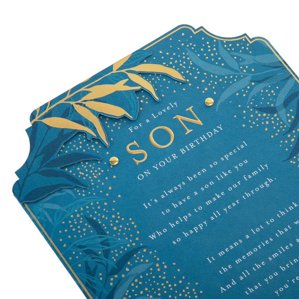 Birthday Card for Son - Blue Traditional Floral Design with Heartfelt Verse