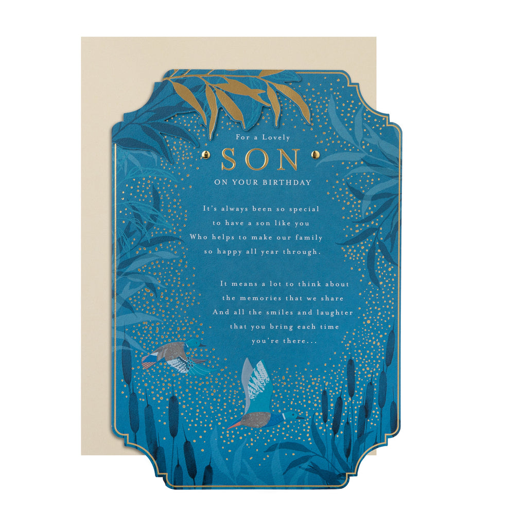 Birthday Card for Son - Blue Traditional Floral Design with Heartfelt Verse