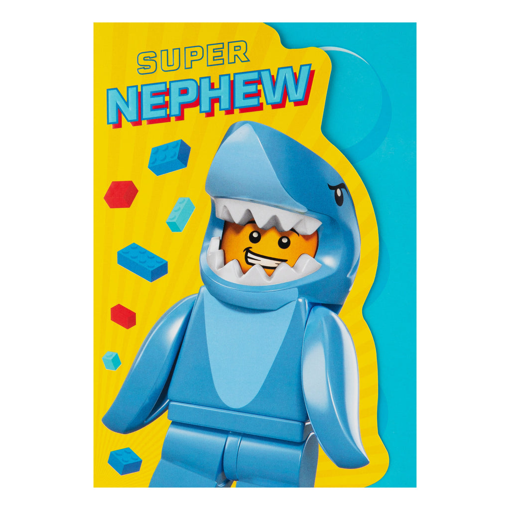 Birthday Card for Nephew - Yellow LEGO Shark Character Design