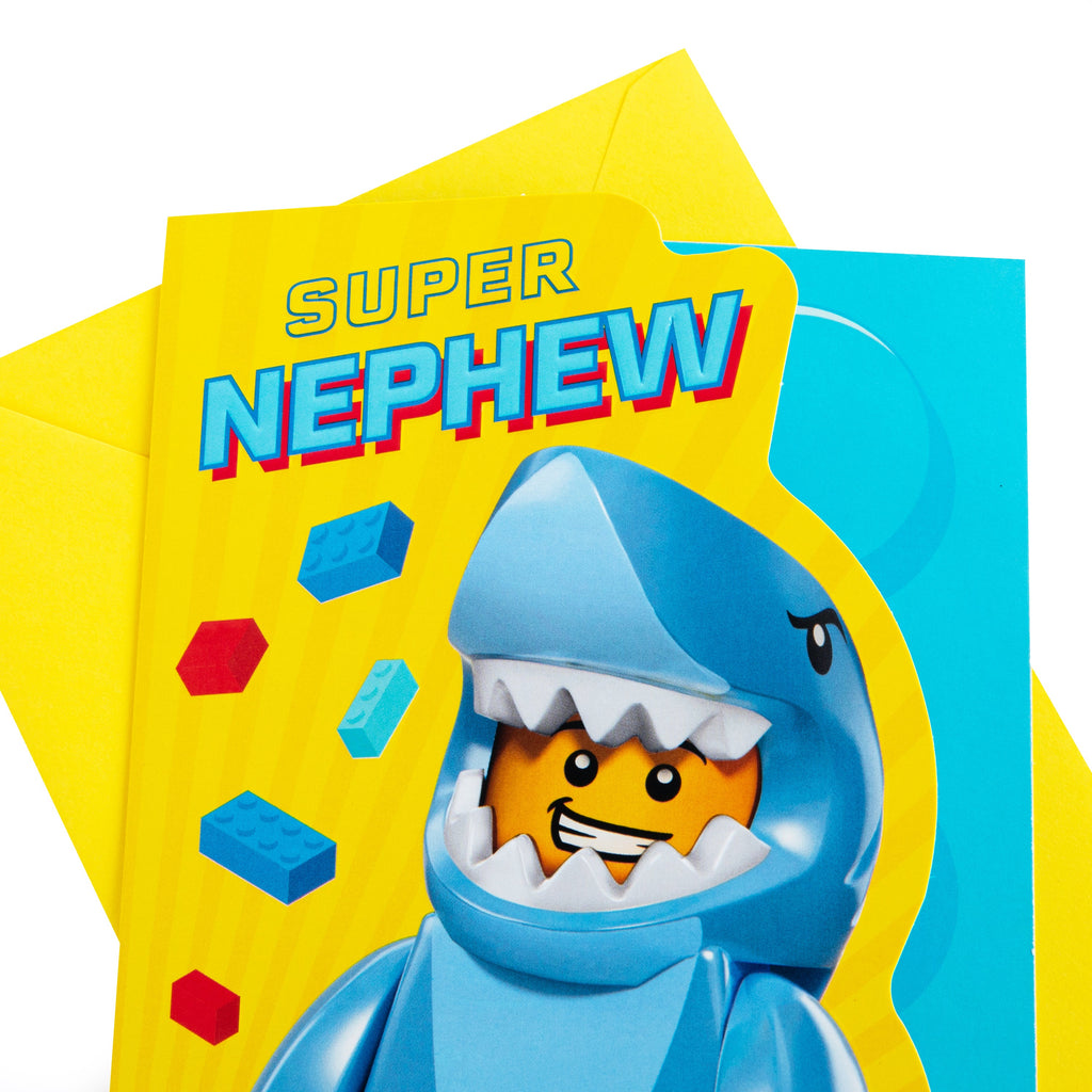 Birthday Card for Nephew - Yellow LEGO Shark Character Design