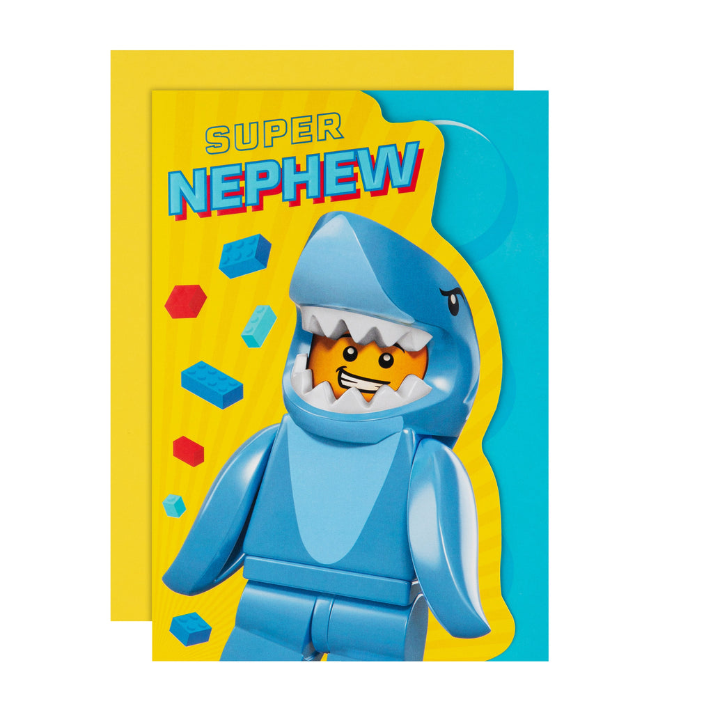 Birthday Card for Nephew - Yellow LEGO Shark Character Design