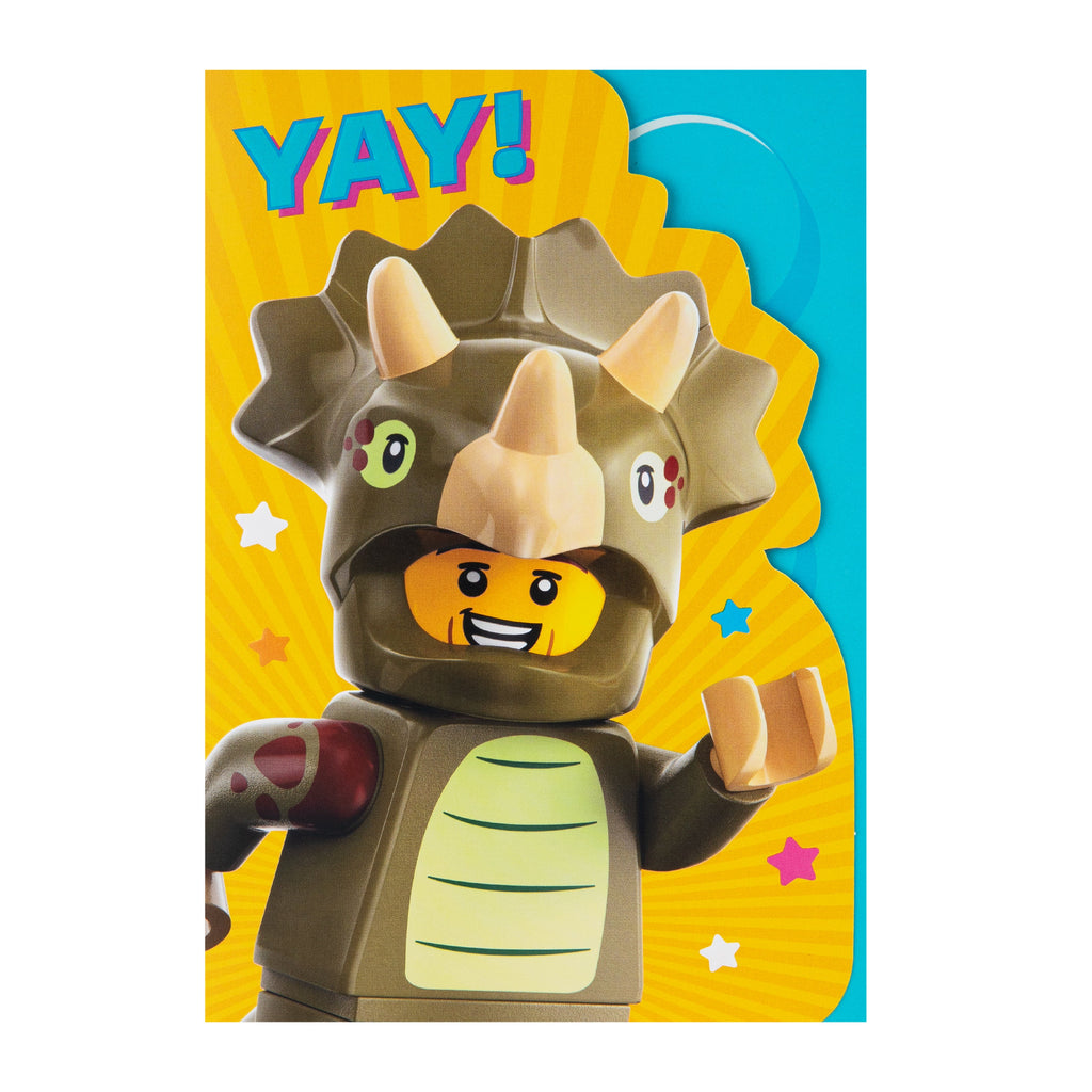 Kids Birthday Card - Yellow LEGO Dinosaur Character Design