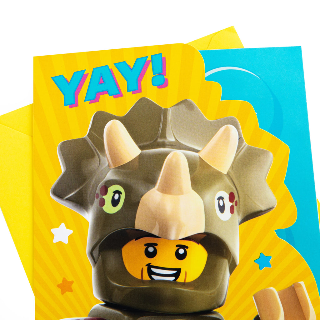 Kids Birthday Card - Yellow LEGO Dinosaur Character Design