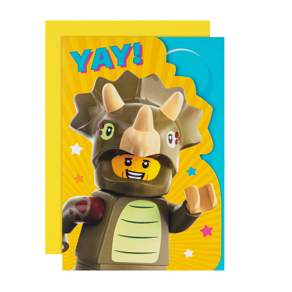 Kids Birthday Card - Yellow LEGO Dinosaur Character Design