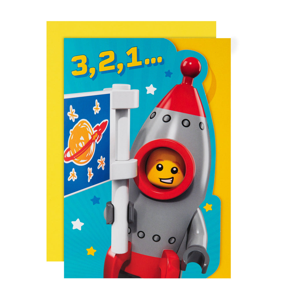 Kids Birthday Card - Blue LEGO Rocket Character Design