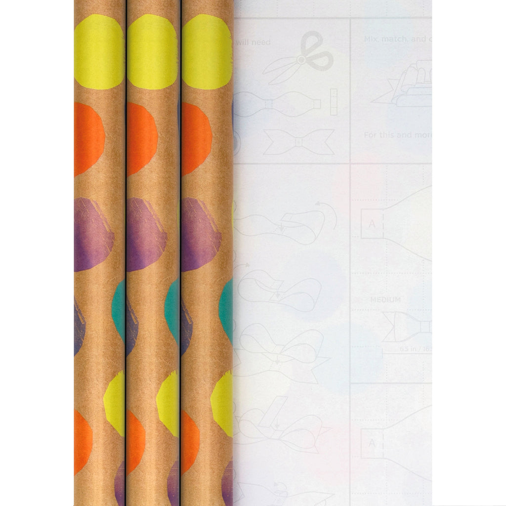 6M Any Occasion Wrapping Paper - 3 x 2M Rolls in 1 Colourful Spots & Kraft Paper Design