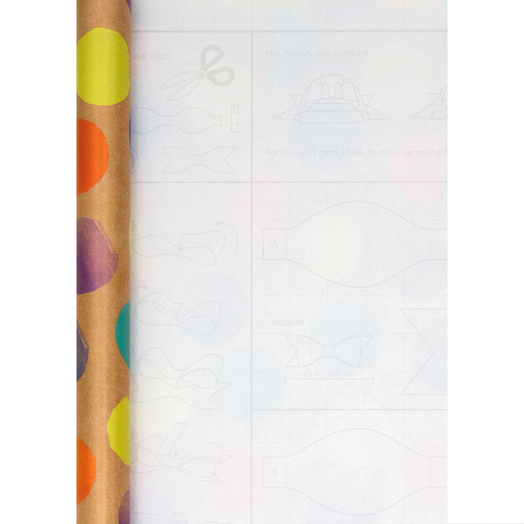 6M Any Occasion Wrapping Paper - 3 x 2M Rolls in 1 Colourful Spots & Kraft Paper Design