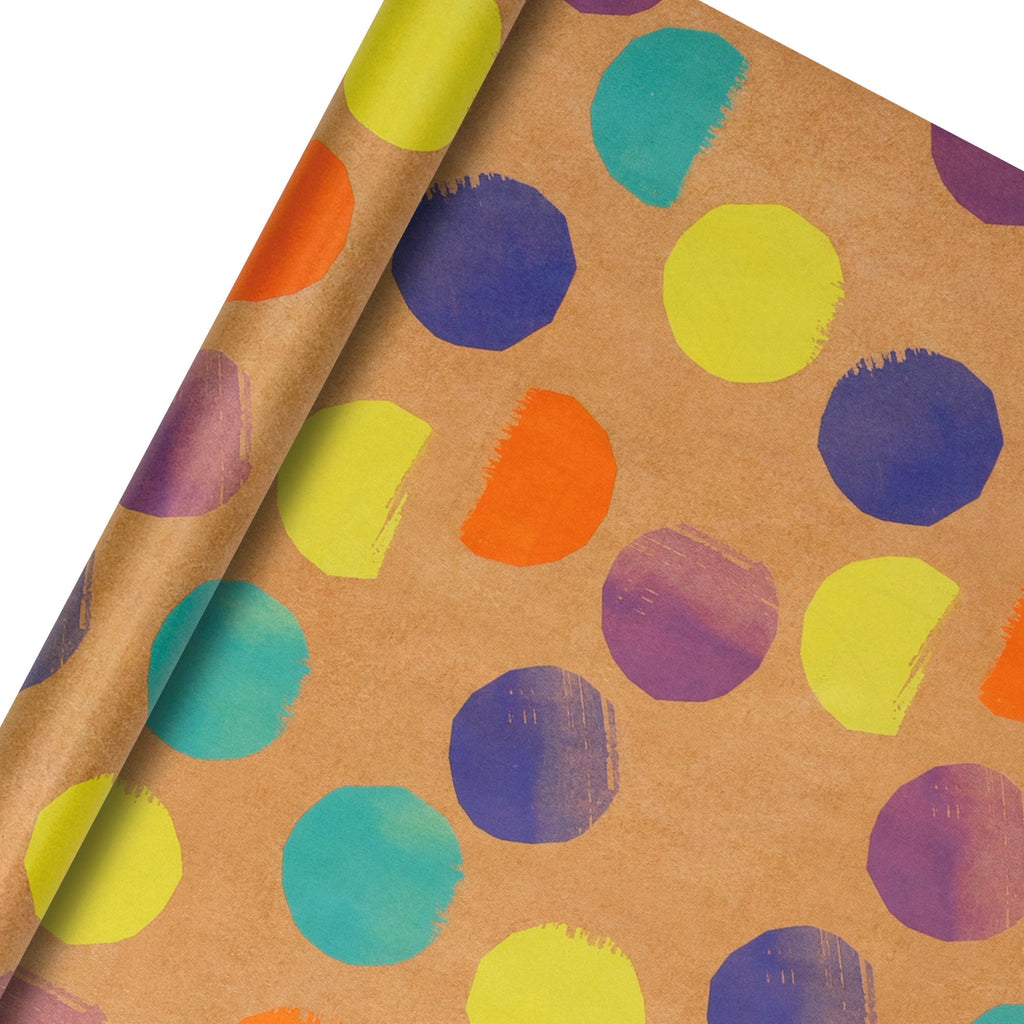 6M Any Occasion Wrapping Paper - 3 x 2M Rolls in 1 Colourful Spots & Kraft Paper Design