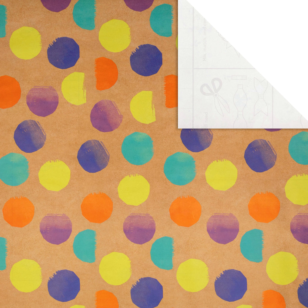 6M Any Occasion Wrapping Paper - 3 x 2M Rolls in 1 Colourful Spots & Kraft Paper Design