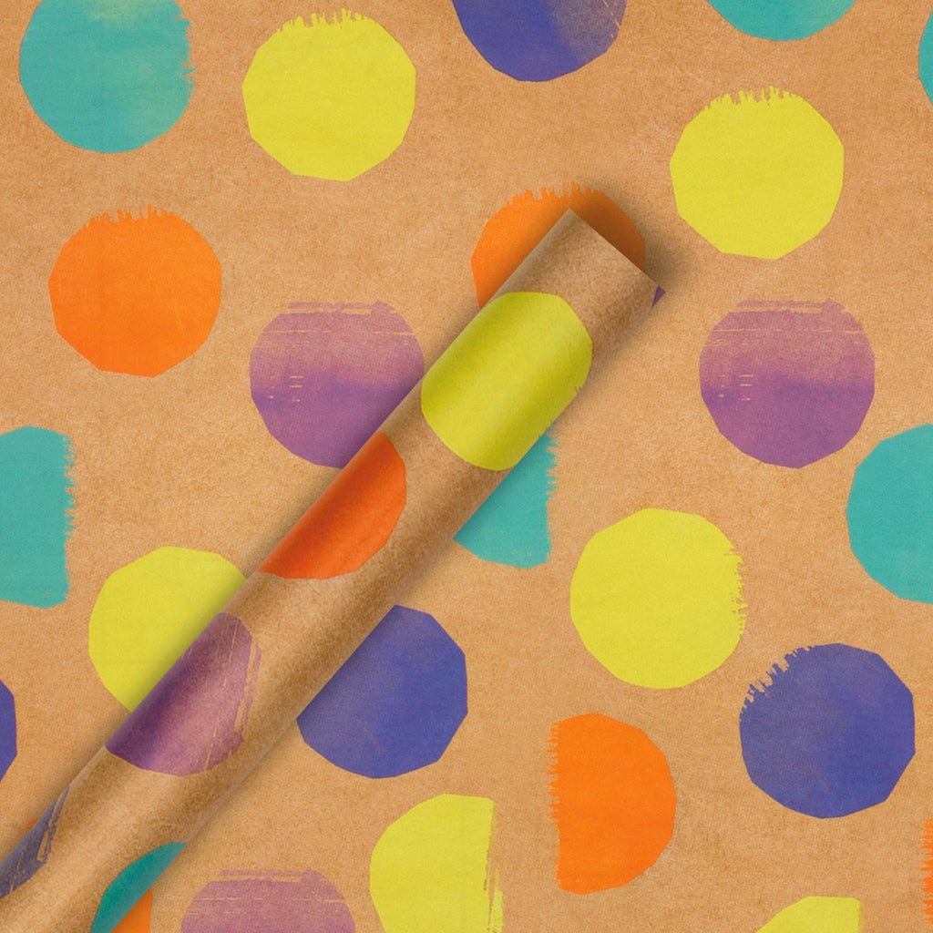 6M Any Occasion Wrapping Paper - 3 x 2M Rolls in 1 Colourful Spots & Kraft Paper Design