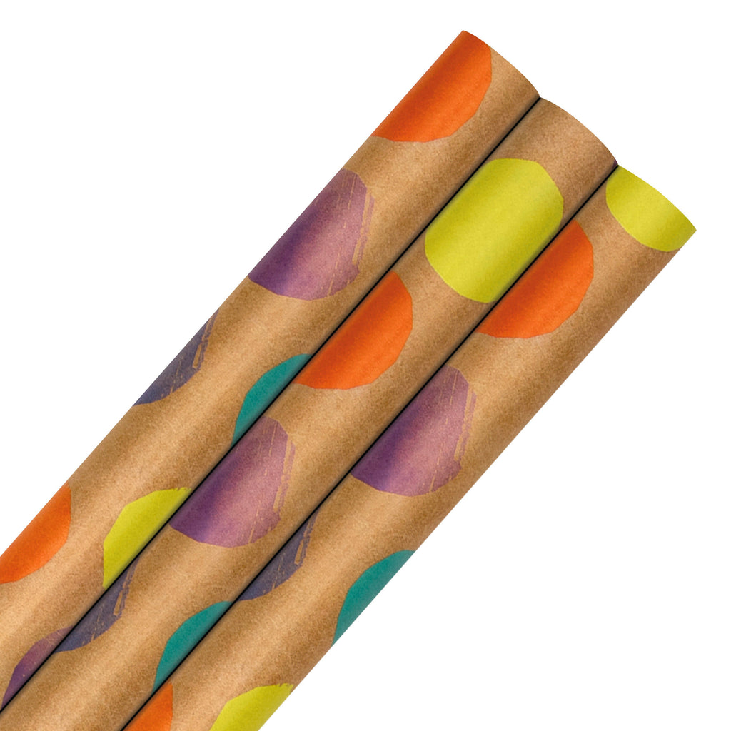 6M Any Occasion Wrapping Paper - 3 x 2M Rolls in 1 Colourful Spots & Kraft Paper Design