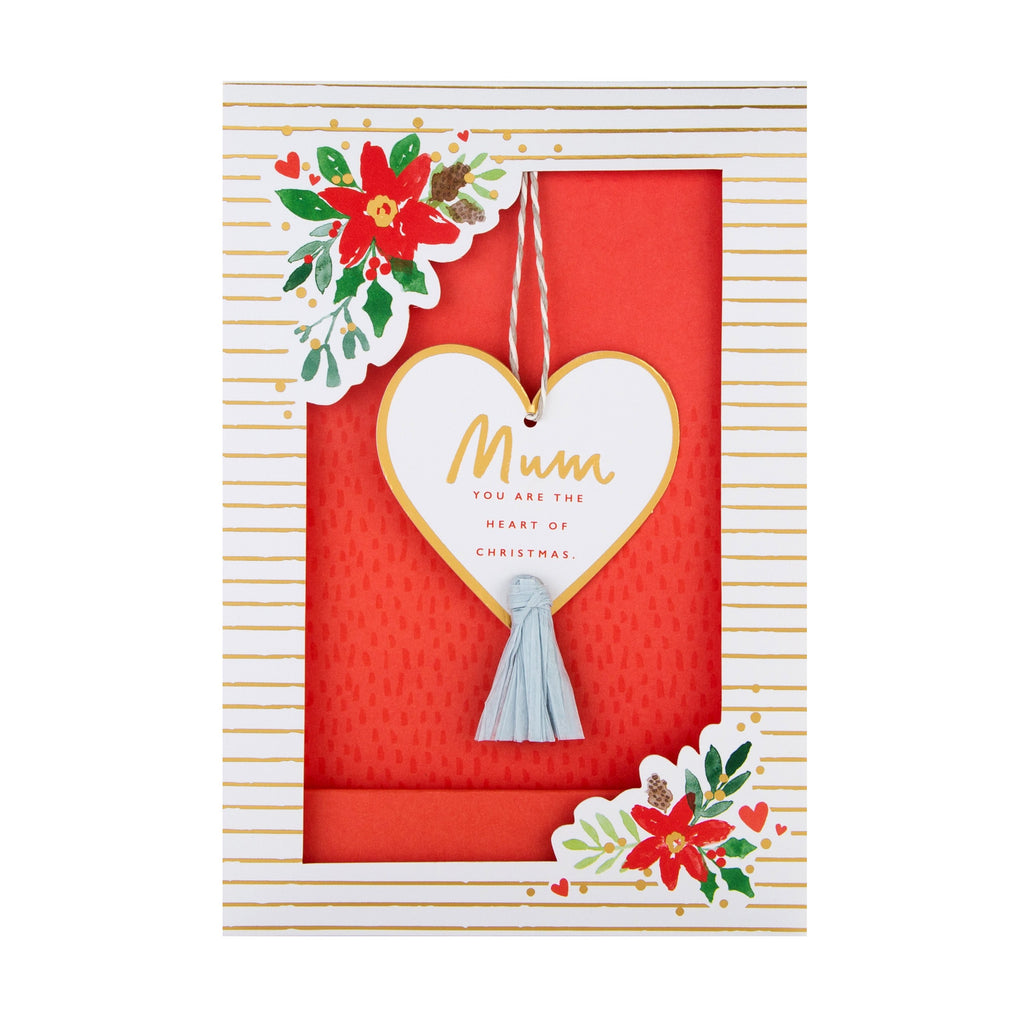 Christmas Card for Mum - Beautiful Love heart 3D Design with Gold Foil and Hanging Attachment