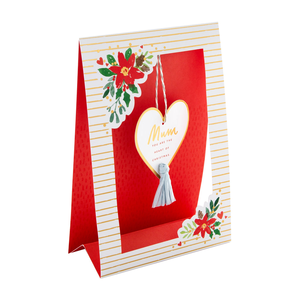 Christmas Card for Mum - Beautiful Love heart 3D Design with Gold Foil and Hanging Attachment