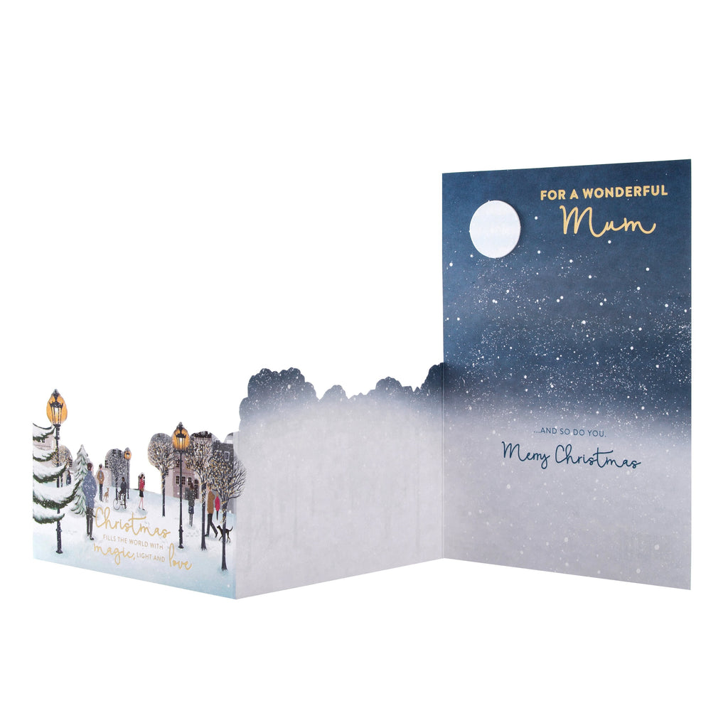 Christmas Card for Mum - Classic Winters Night Pop Up Design with Gold Foil and 3D Add On