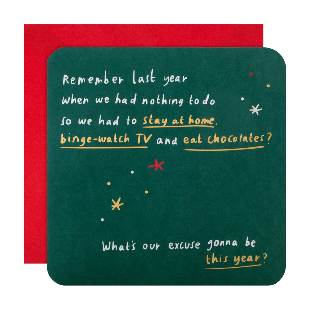 Funny Christmas Excuses Card Design with Gold Foil and Rounded Edges