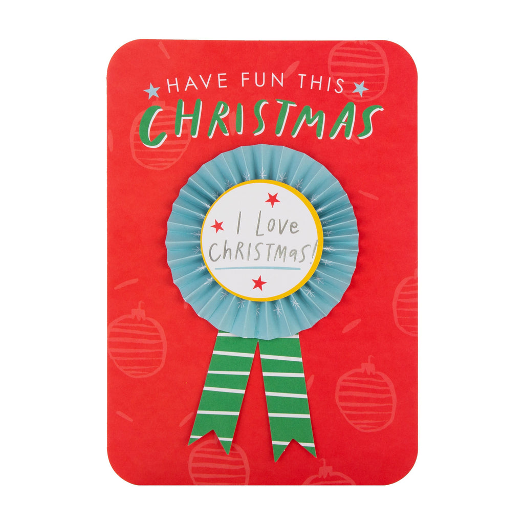 General Christmas Card - Fun Bold Rosette Design with Silver Foil and Removable Badge