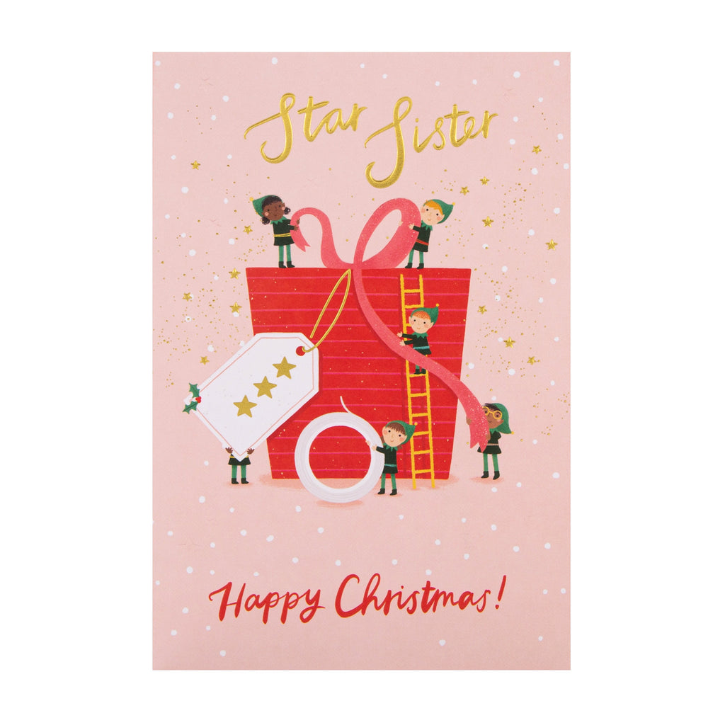 Christmas Card for Sister - Cute Star Elves Design with Gold Foil