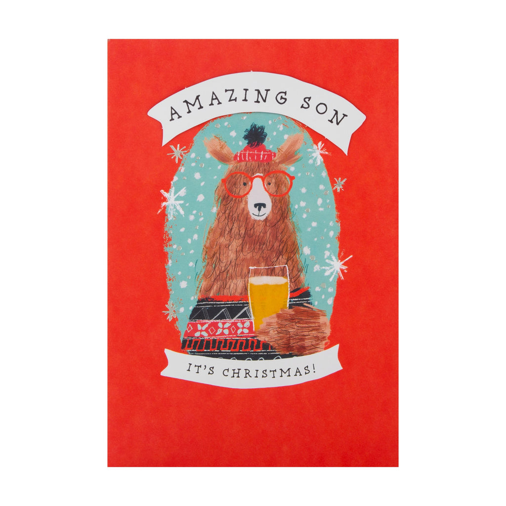 Christmas Card for Son - Quirky Winter Bear Design with 3D Add on and Silver Foil