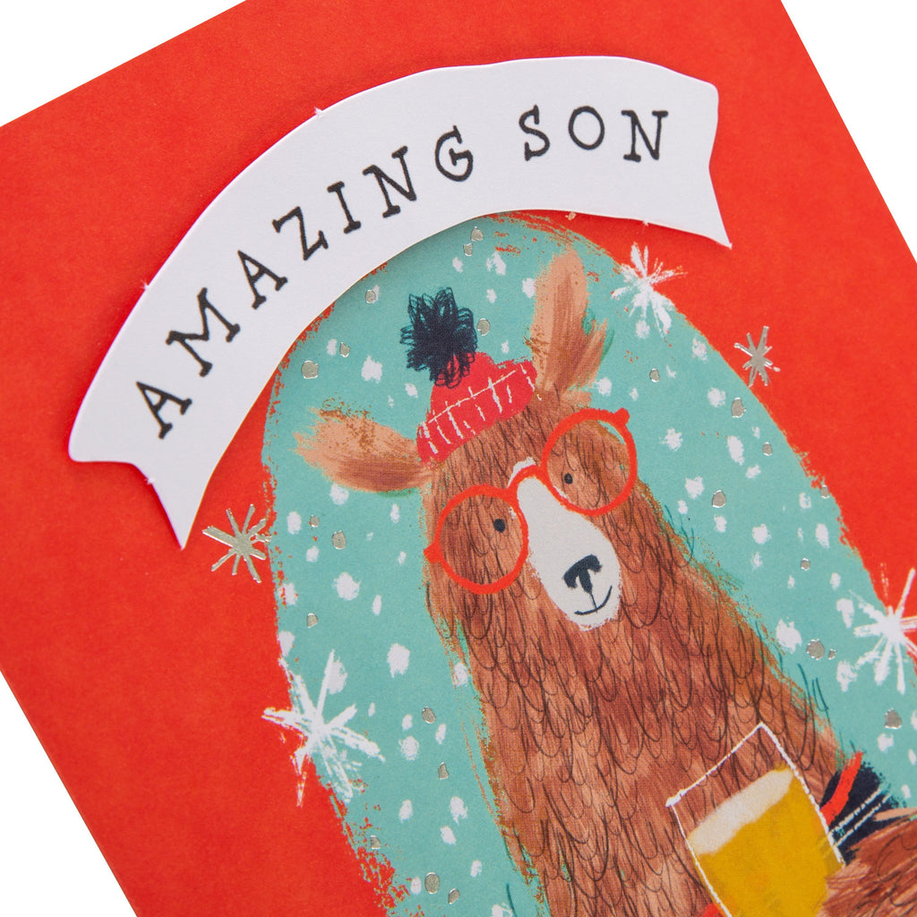 Christmas Card for Son - Quirky Winter Bear Design with 3D Add on and Silver Foil