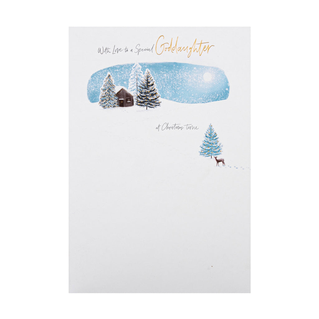 Christmas Card for Goddaughter - Classic Winter Night Snow Design with Gold Foil