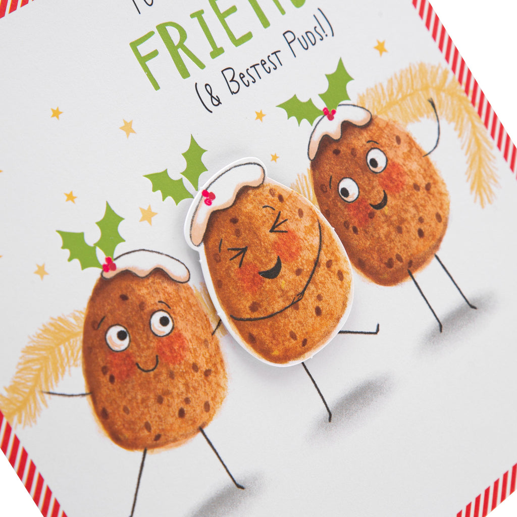 Christmas Card for Friends - Funny Pudding Design with 3D Add On and Green Foil