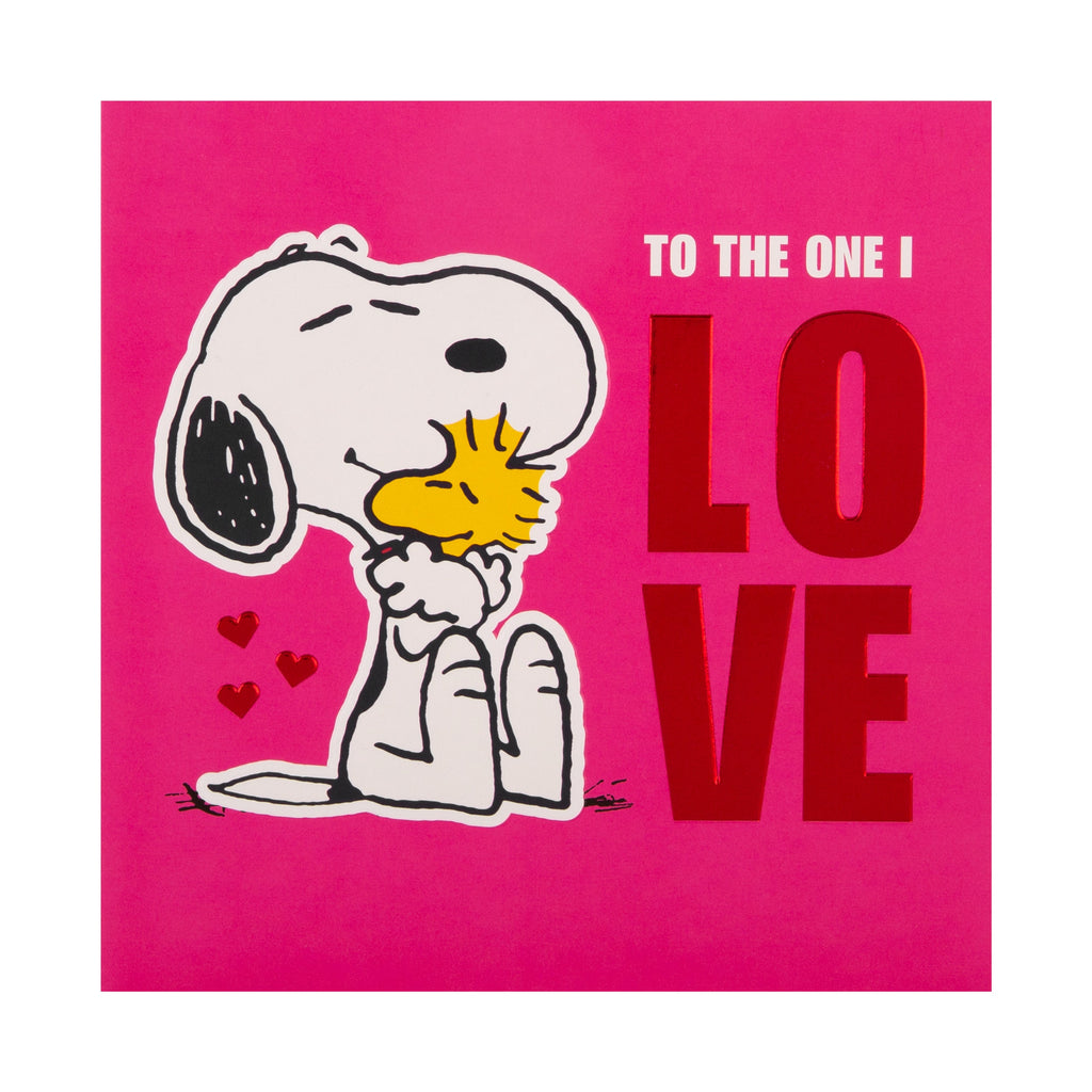 Valentine's Day Card for the One I Love - Cute Peanuts Hug Design with Red Foil