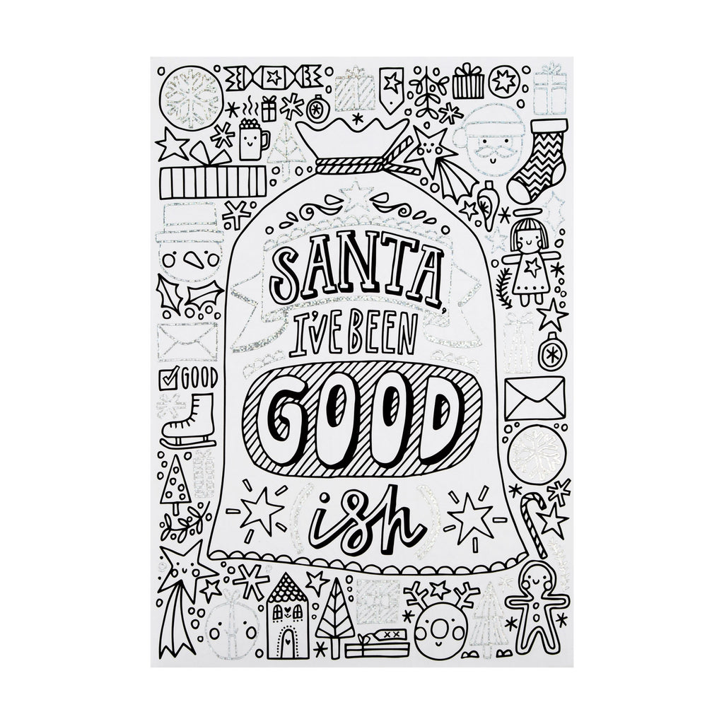 Christmas Card for Kids - Fun Crayola™ Colour In Santa's Sack Design with Silver Foil