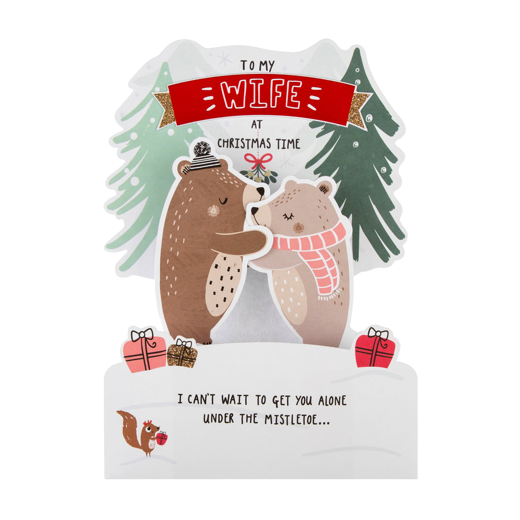 Christmas Card for Wife - Cute Bears Mistletoe Pop Up Design with Red Foil and Glitter