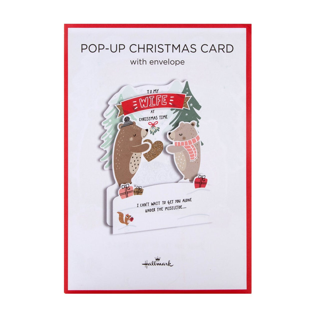 Christmas Card for Wife - Cute Bears Mistletoe Pop Up Design with Red Foil and Glitter