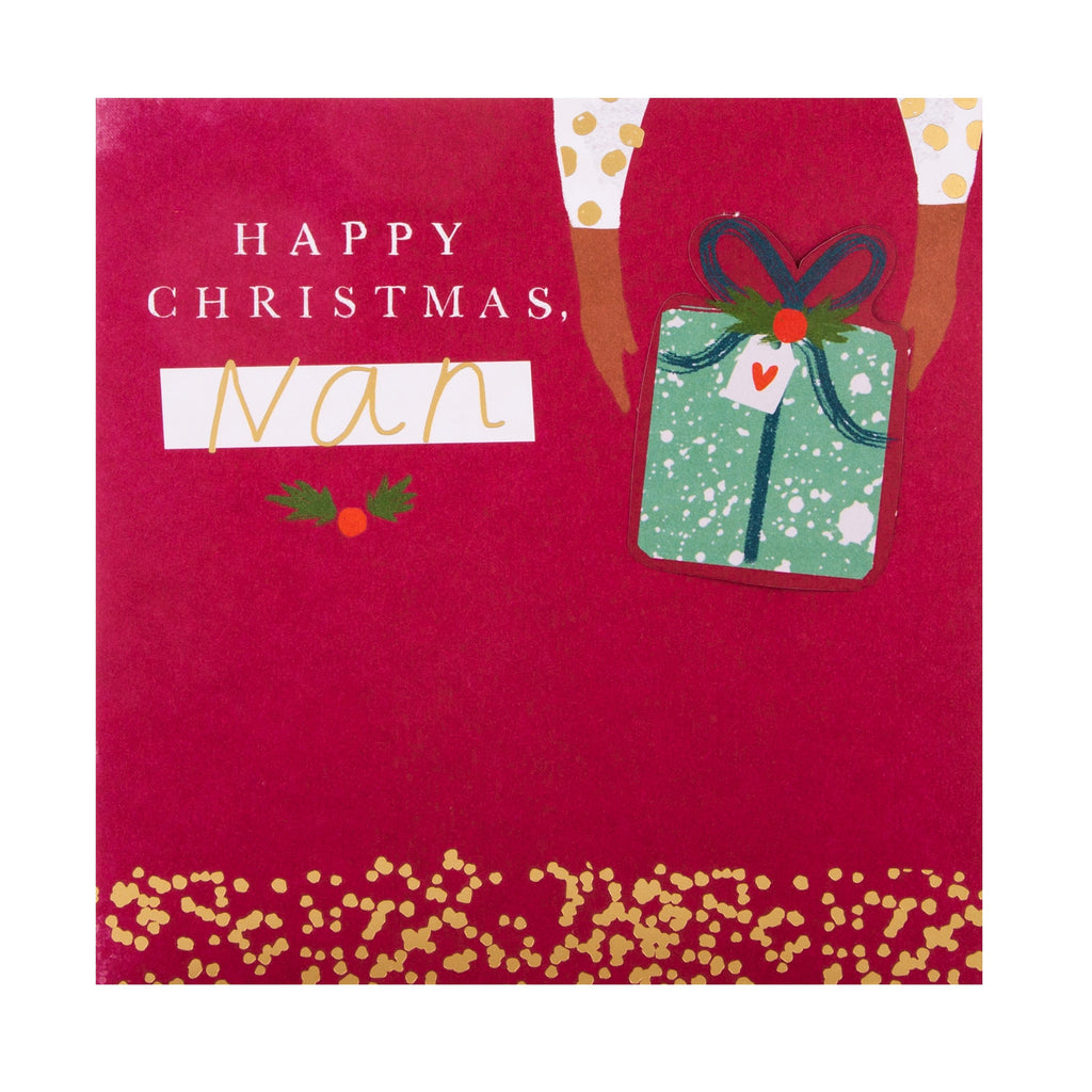 Christmas Card for Nan - Contemporary Wrapped Present Design with 3D Add On and Gold Foil