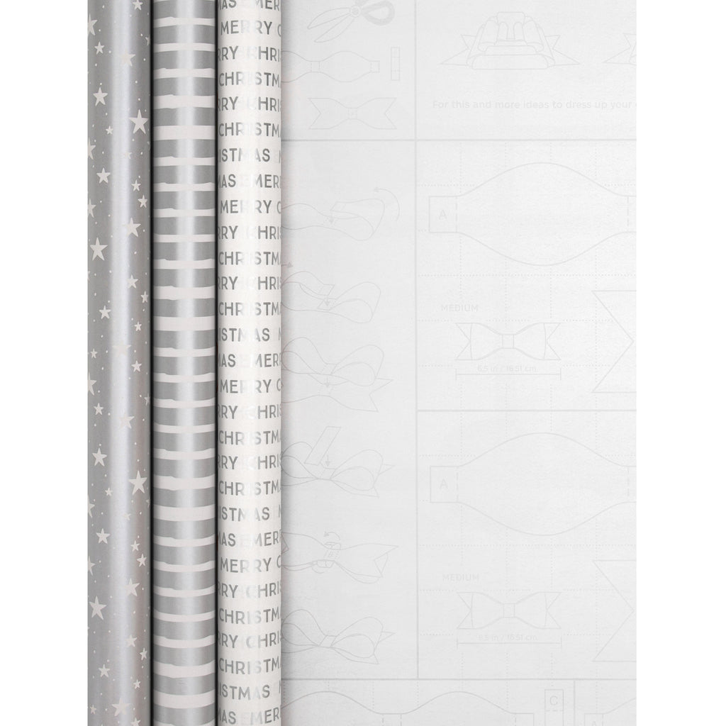 Silver Christmas Wrapping Paper Multi-Pack - 3 Rolls in 3 Designs