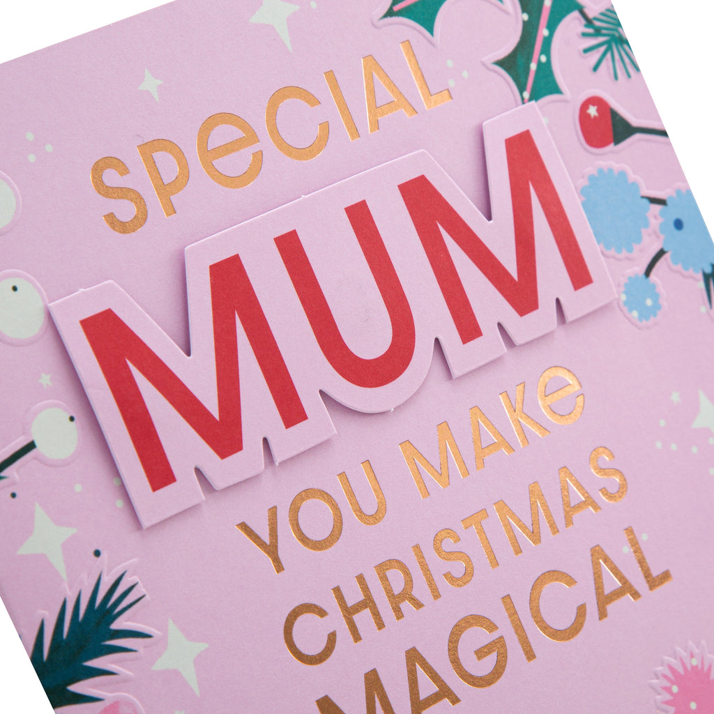 Christmas Card for Special Mum - Contemporary Pink Floral Design 