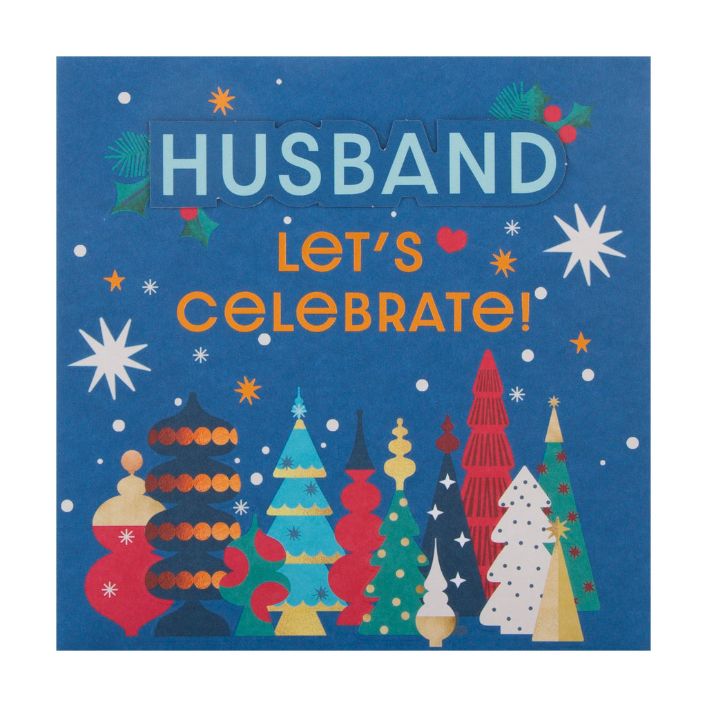 Christmas Card for Husband - Contemporary Illustrated Tree 'Lets Celebrate!' Design 