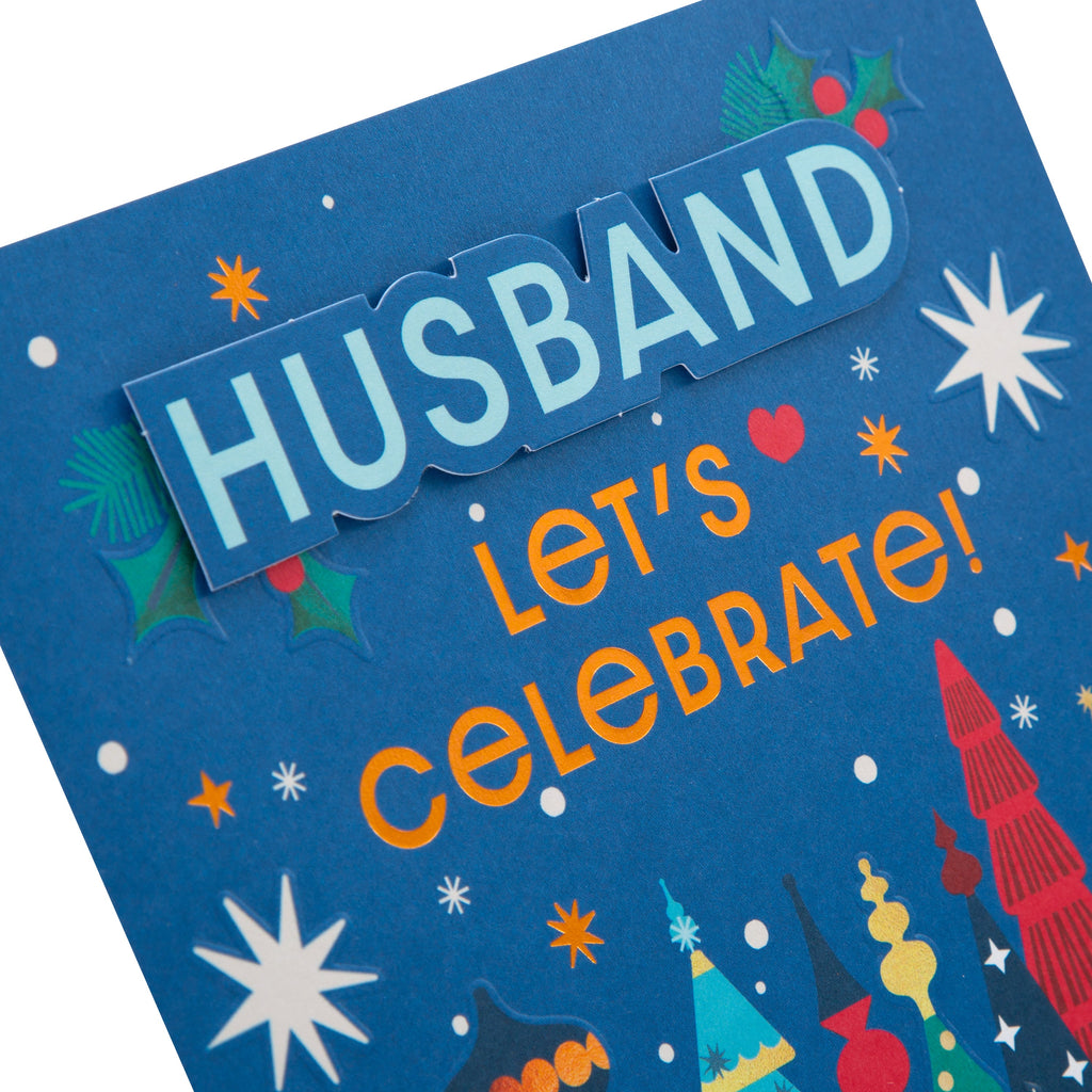 Christmas Card for Husband - Contemporary Illustrated Tree 'Lets Celebrate!' Design 