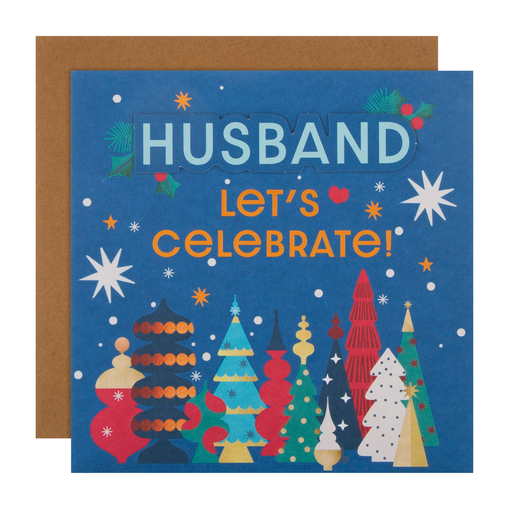 Christmas Card for Husband - Contemporary Illustrated Tree 'Lets Celebrate!' Design 