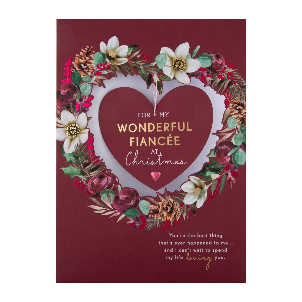 Large Luxury Boxed Christmas Card for Fiancée - Traditional Heart and Wreath Design