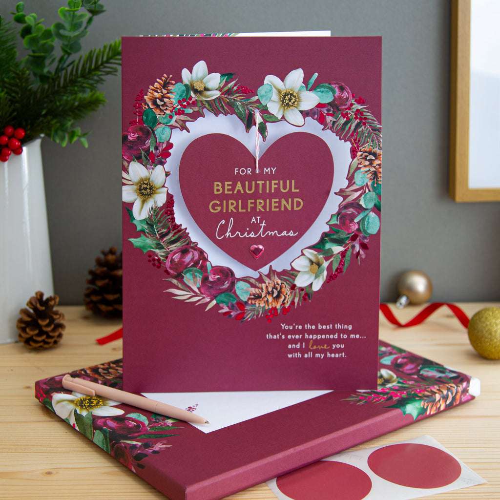 Large Luxury Boxed Christmas Card for Girlfriend - Traditional Heart and Verse Design