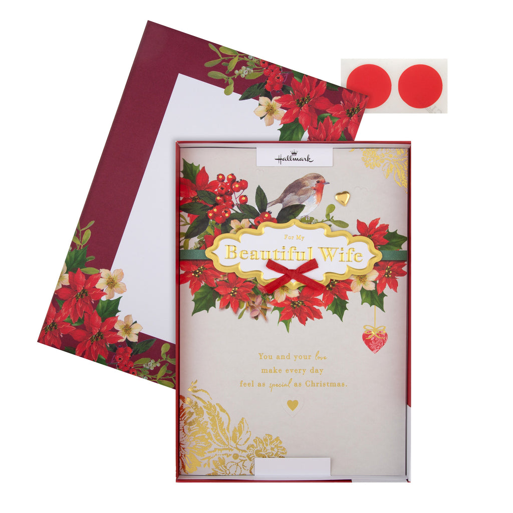 Medium Luxury Boxed Christmas Card for Wife - Traditional Robin and Foliage Design