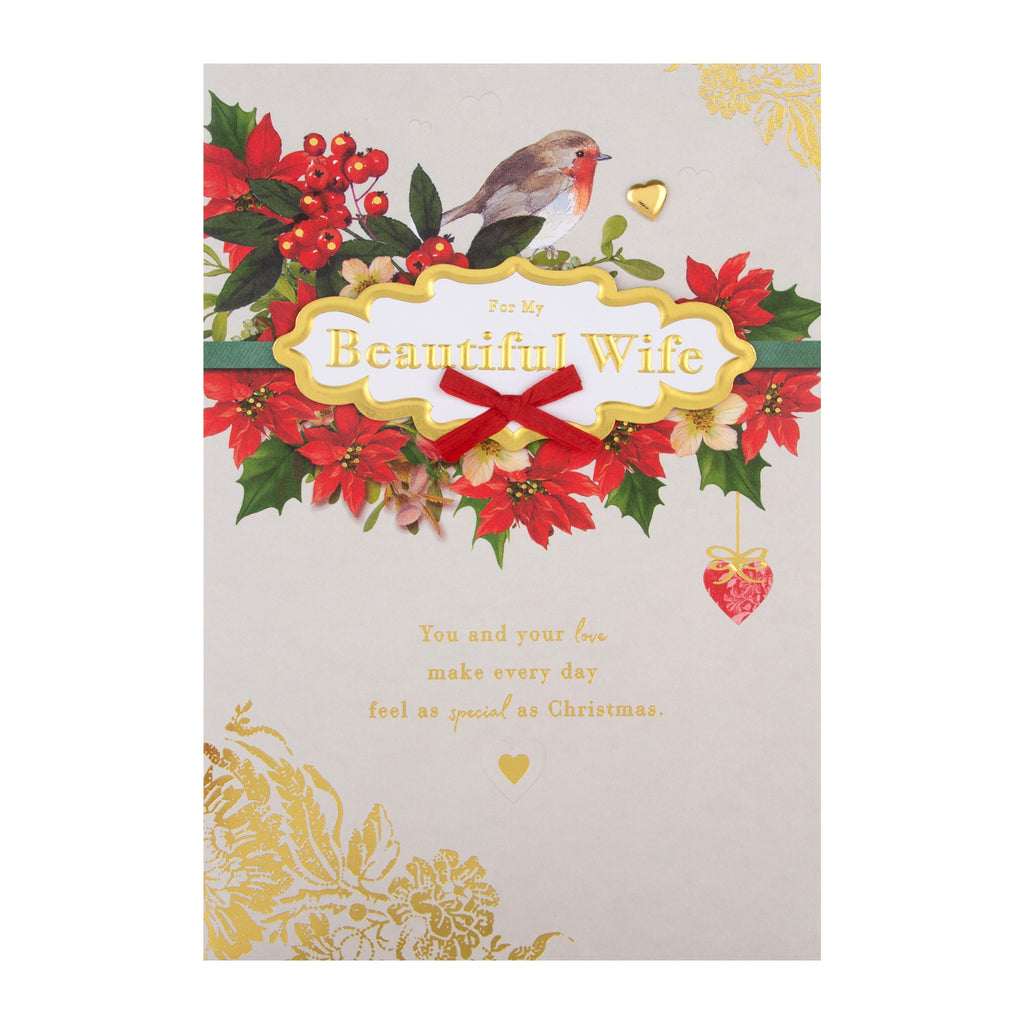 Medium Luxury Boxed Christmas Card for Wife - Traditional Robin and Foliage Design