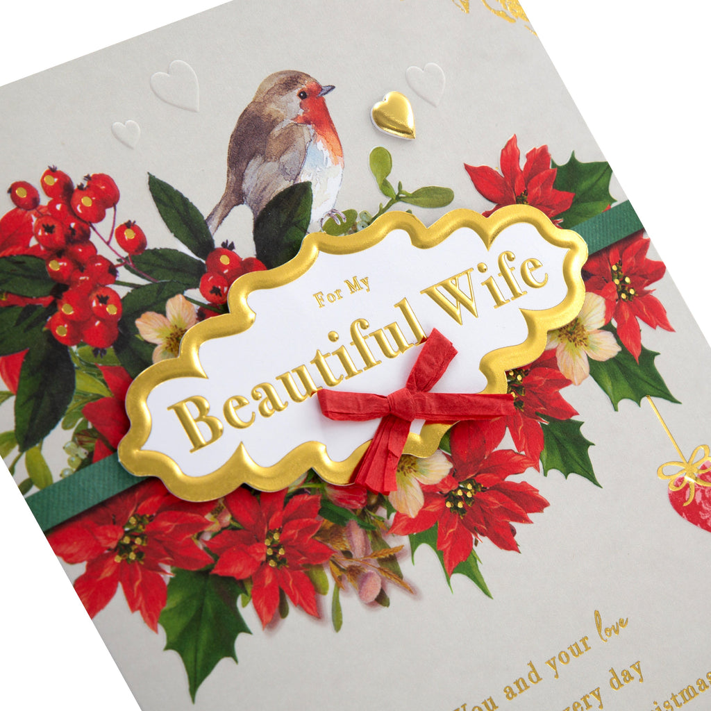 Medium Luxury Boxed Christmas Card for Wife - Traditional Robin and Foliage Design